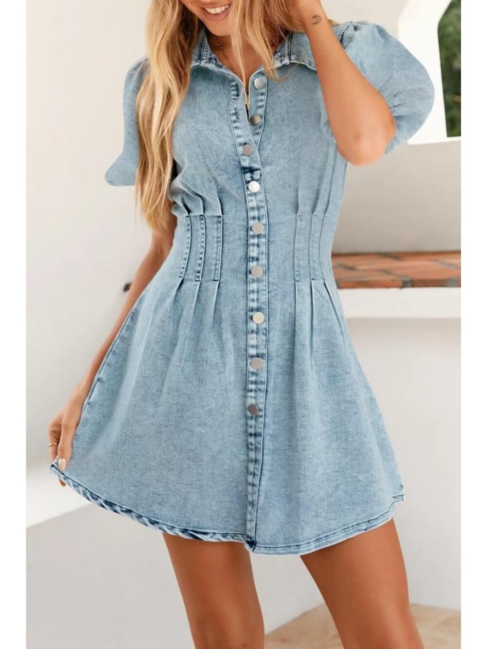 Chic Summer Denim Dress with Puff Sleeves | Slim Fit Jean Dress for Women - Picture 3 of 6